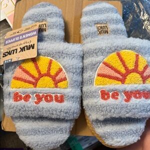 Grey Muk Luks Slippers with SUN and BE YOU on each with yellow